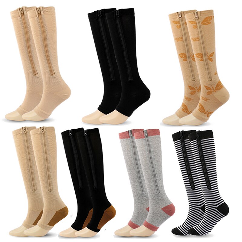 HYSAIXIA Calzini a compressione Calzini compressivi a pressione per polpaccio con cerniera Open-toe Tinta unita Uomo Donna Non coprire le dita dei piedi Calzini con zip