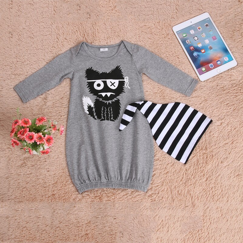 Baby Girl Boy Sleeper Newborn Baby Robes 2pcs Long Sleeve Cartoon Animal Cat Pattern Sleepwear + Stripe Hat Spring Autumn 3-6M