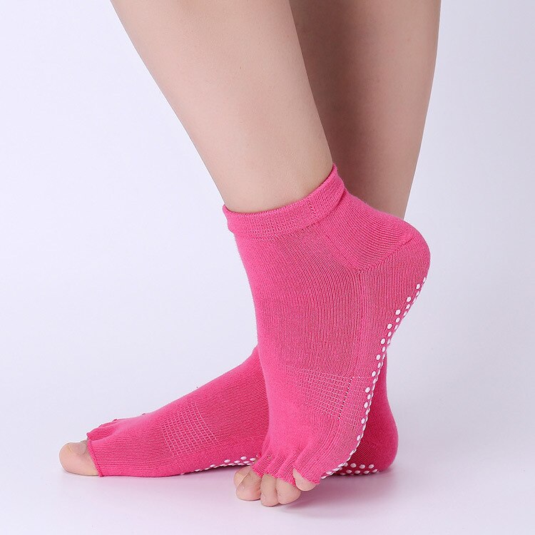 Calcetines de Yoga antideslizantes profesionales para mujer, medias de cinco dedos, de algodón puro, antideslizantes, cálidos, para Otoño e Invierno: half toe-red