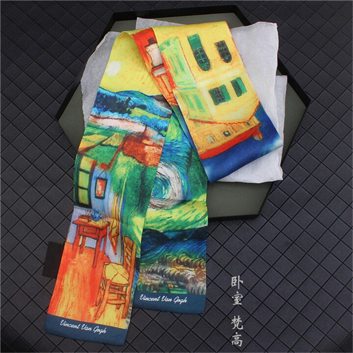 Van Gogh《Starry Night》Oil Painting Twill Silk Scarf Women Neckerchief Skinny Bag Scarf Female Headband Scarves Wraps For Ladies: 15