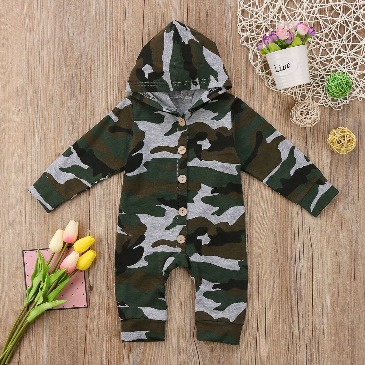 0-24M camuffare infantile Del bambino Della Ragazza del Ragazzo con Cappuccio Pagliaccetto Della Tuta vestito Vestiti di Autunno