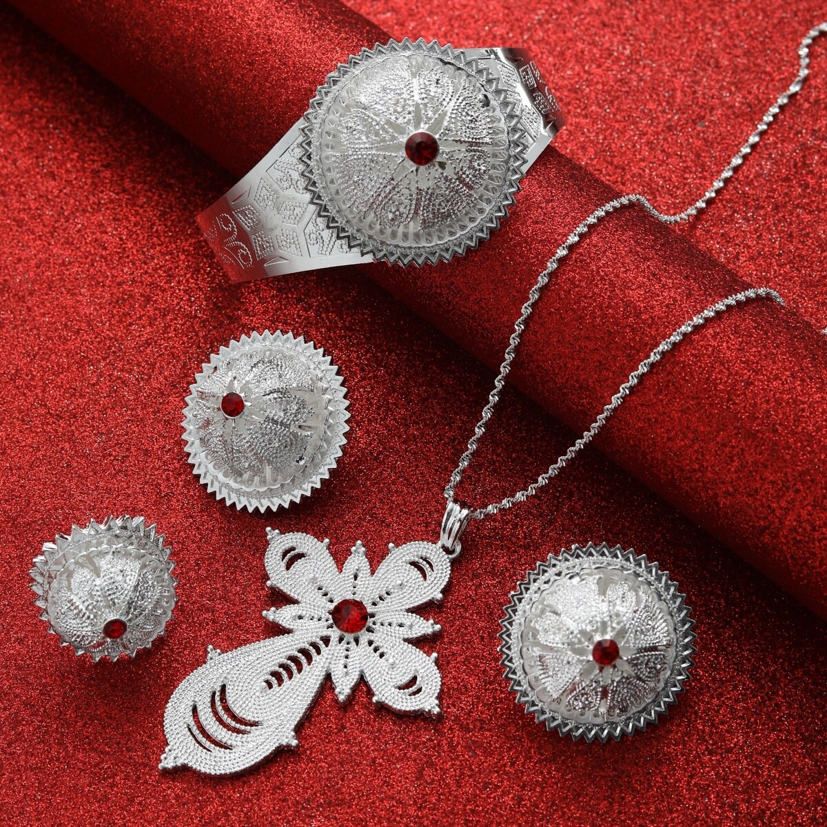 Mode Bridal Ethiopië Eritrean Afrikaanse Ketting Oorbellen Rode Zirconia Vrouwen Ethiopische Cross Sieraden Set