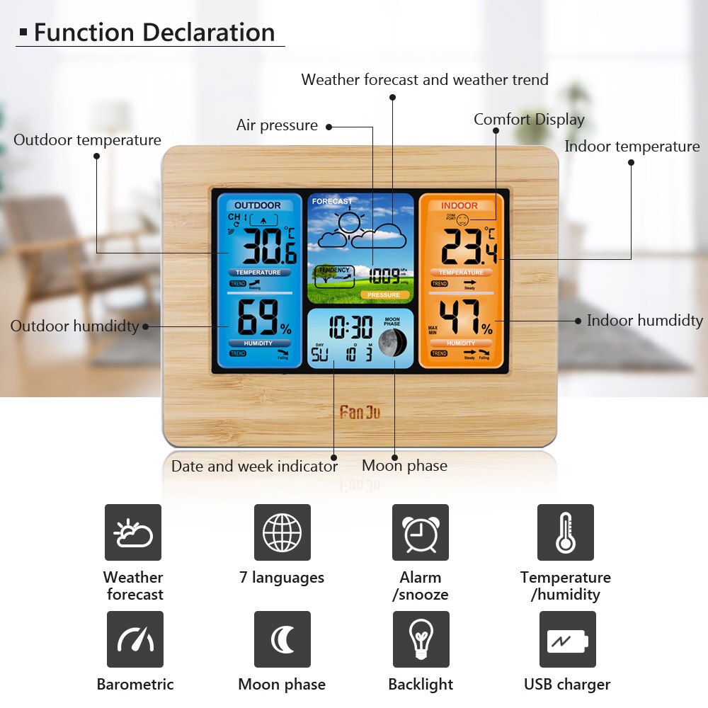 Digital Weather Station Clock Indoor Outdoor Weather Forecast Barometer Thermometer Hygrometer with Wireless Outdoor Sensor