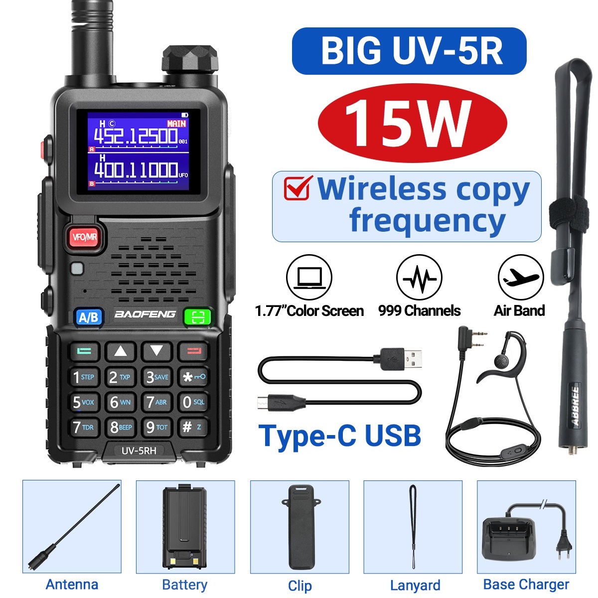 Baofeng UV 5RH 10W Air Band Walkie Talkie Long Range Wirless Copy Frequency Two Way Ham Radio Type-C Baofeng UV 5R Transceiver: green / EU