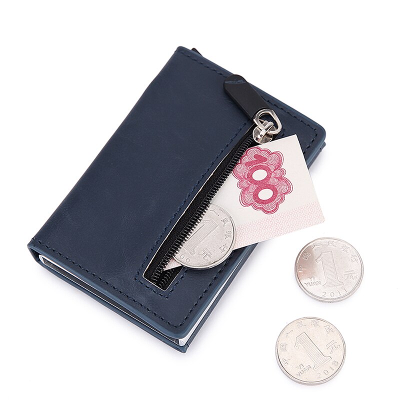 DIENQI Anti Rfid id Card Holder Case Men Leather Metal Wallet Male Coin Purse Women Mini Carbon Credit Card Holder With Zipper: blue