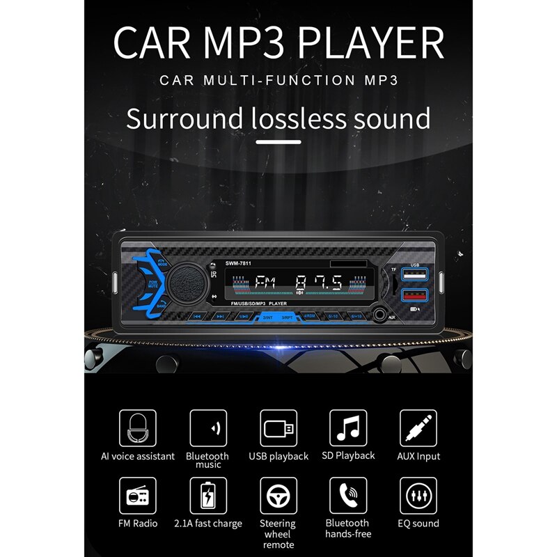 1Din Auto Mp3 Player Power-Off Geheugen Stem Assistent U Disk Card Fm Radio Bluetooth Verbinding Speler