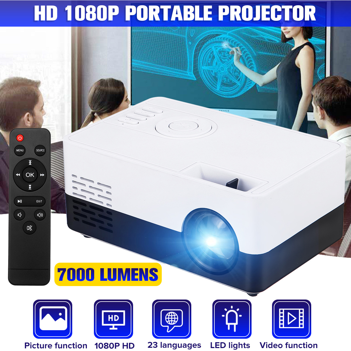 Portable LED Projector TFT LCD Home Cinema Theater Movie LED Projector HD 1080P 7000 Lumen 1280x720P bluetooth Video Projector