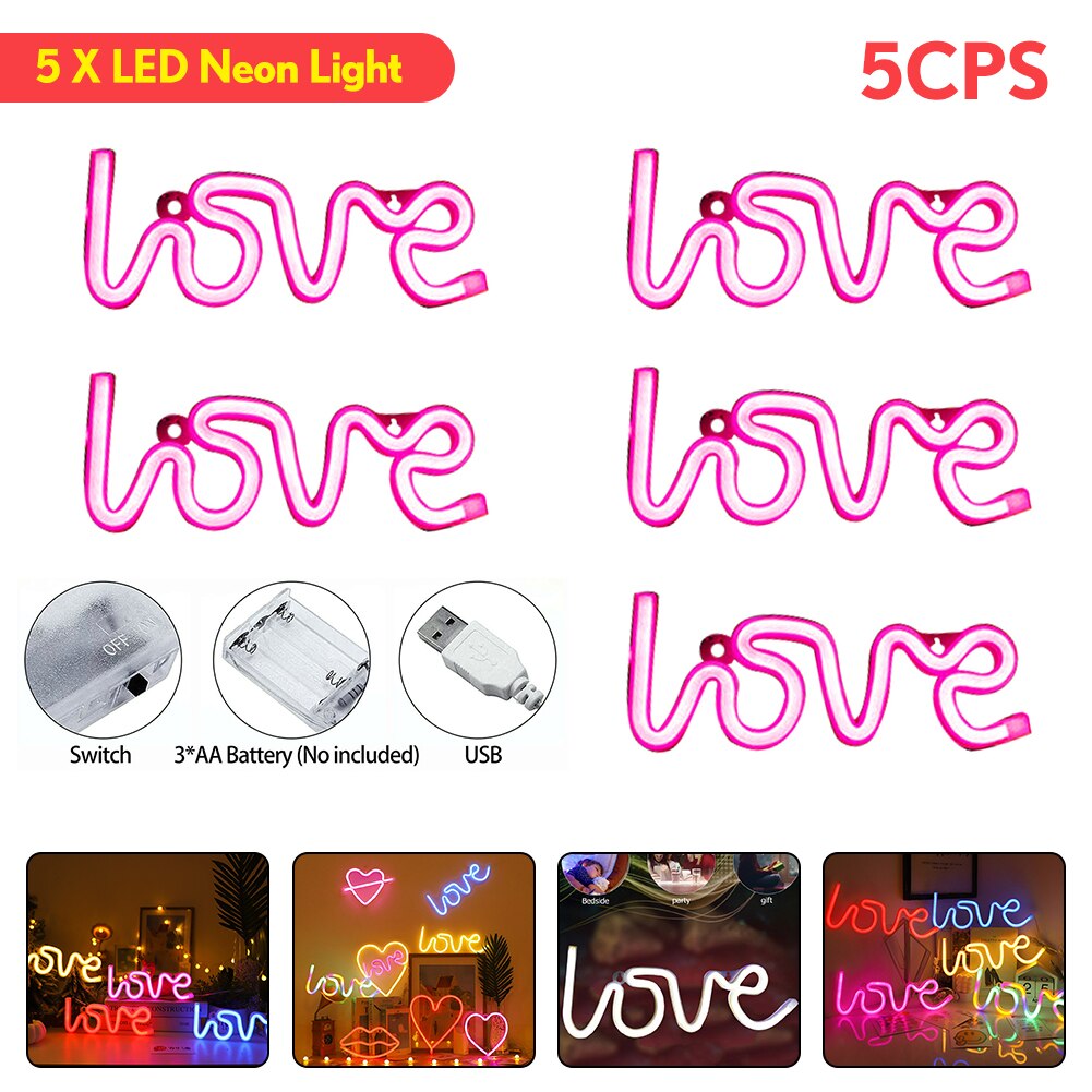 Romantic LOVE Letters LED Night Light USB Charging Home Decor Neon Lamp USB Charging battery box lamp Home led night lamp: 5PC Pink B 4.5V