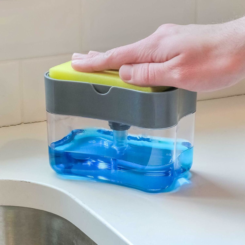 Soap Pump Dispenser With Sponge Holder Cleaning Liquid Dispenser Container Manual Press Soap Organizer Kitchen Cleaner Tool