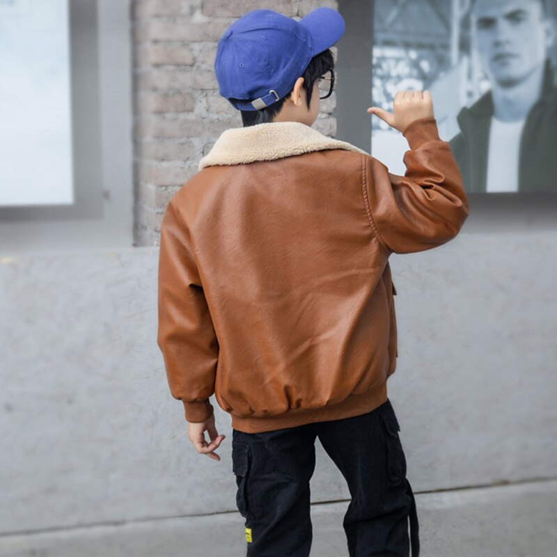 Veste d'hiver chaude en cuir molletonné pour garçon de 12 ans, vêtements d'extérieur,