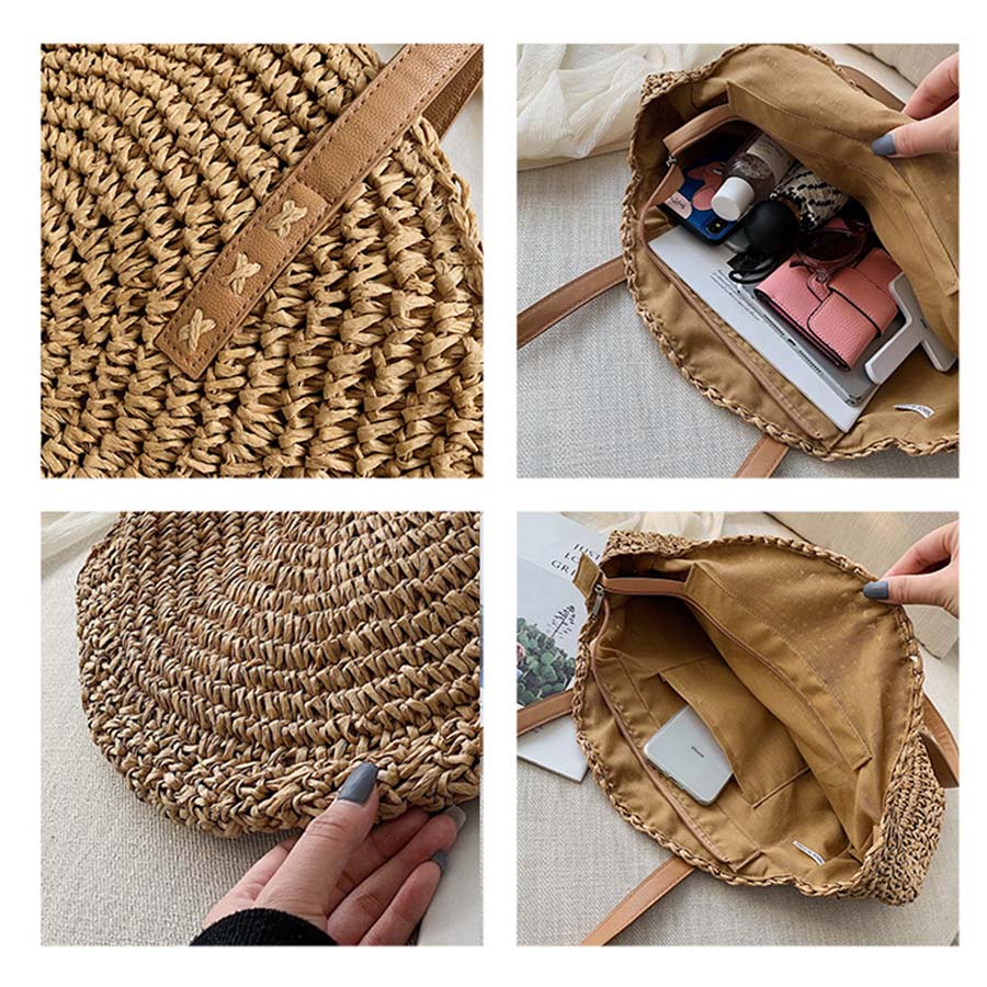 Casual Rattan Women Shoulder Bags Circle Straw Handbags Big Capacity Handmae Summer Tote Lady Round Bohemian Beach Treval Sac