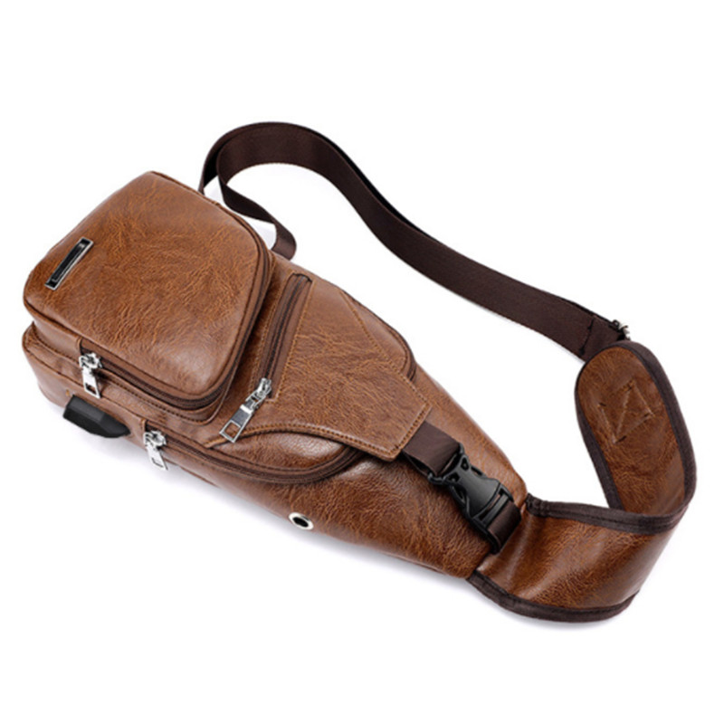 Nouveauté USB chargement poitrine sacs hommes messagers sac étanche PU cuir bandoulière sacs à bandoulière: Kaki