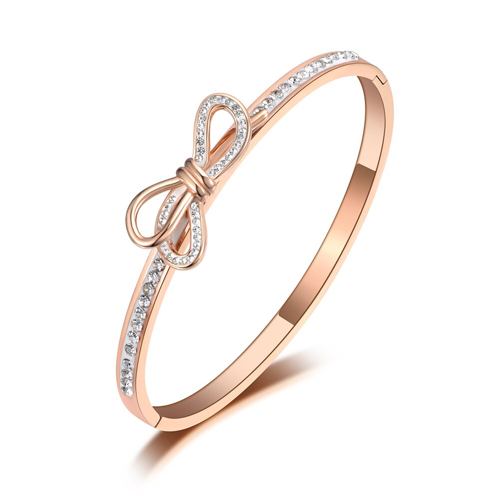 Lokaer Trendy Bowknot Mosaic Rhinestone Bangles & Bracelet Jewelry Rose Gold Color Stainless Steel Wedding Bangle B19093: Default Title