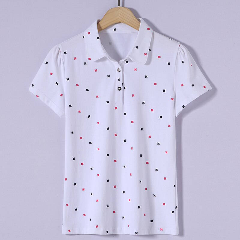2022 Zomer Korte Mouwen Slanke Vrouwen Revers Gedrukt Wilde Polo Casual Katoenen Grote Shirt: M / White