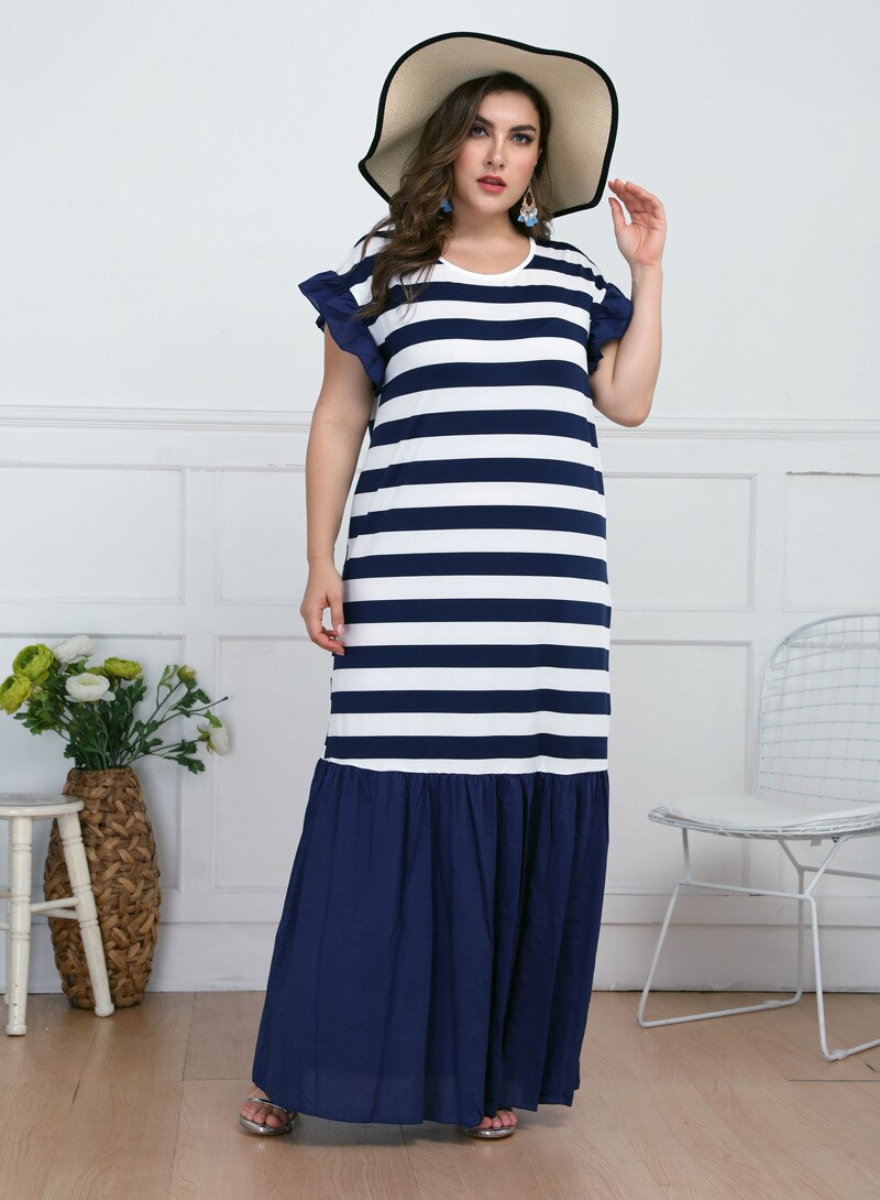 Plus Size Zomer Lange Jurk Vrouwen Zomer Ruches Korte Mouwen Gestreepte Print Patchwork Maxi Lange Jurk Dames Tuniek Strand Jurken