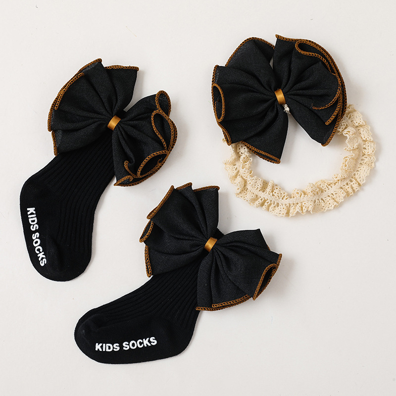 Zoete Prinses Baby Meisje Sokken Hoofdband Set Grote Boog Antislip Baby Peuter Kinderen Sokken Elastische Ruche Hoofdband Voor pasgeboren 0-15M: black