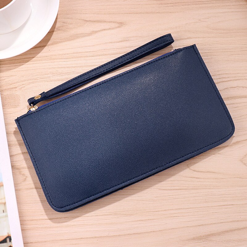 Mode Lange Vrouwen Effen Rits Portemonnee Portemonnee Clutch PU Lederen Telefoon Kaarthouder Meisjes Polsbandje Riem tas: navy