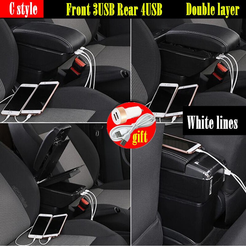 Draaibare Armsteun Doos Voor Renault Dacia Duster 2 Centrale Console Opbergdoos Bekerhouder Pu Lederen Usb: C style white lines