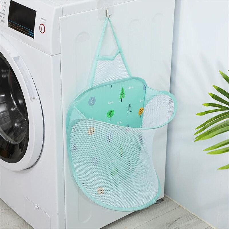 Wall Hanging Mesh Laundry Basket Large Capacity Dirty Clothes Hamper Foldable Laundry Bag Multifunction Portable Storage Baskets: Green tree