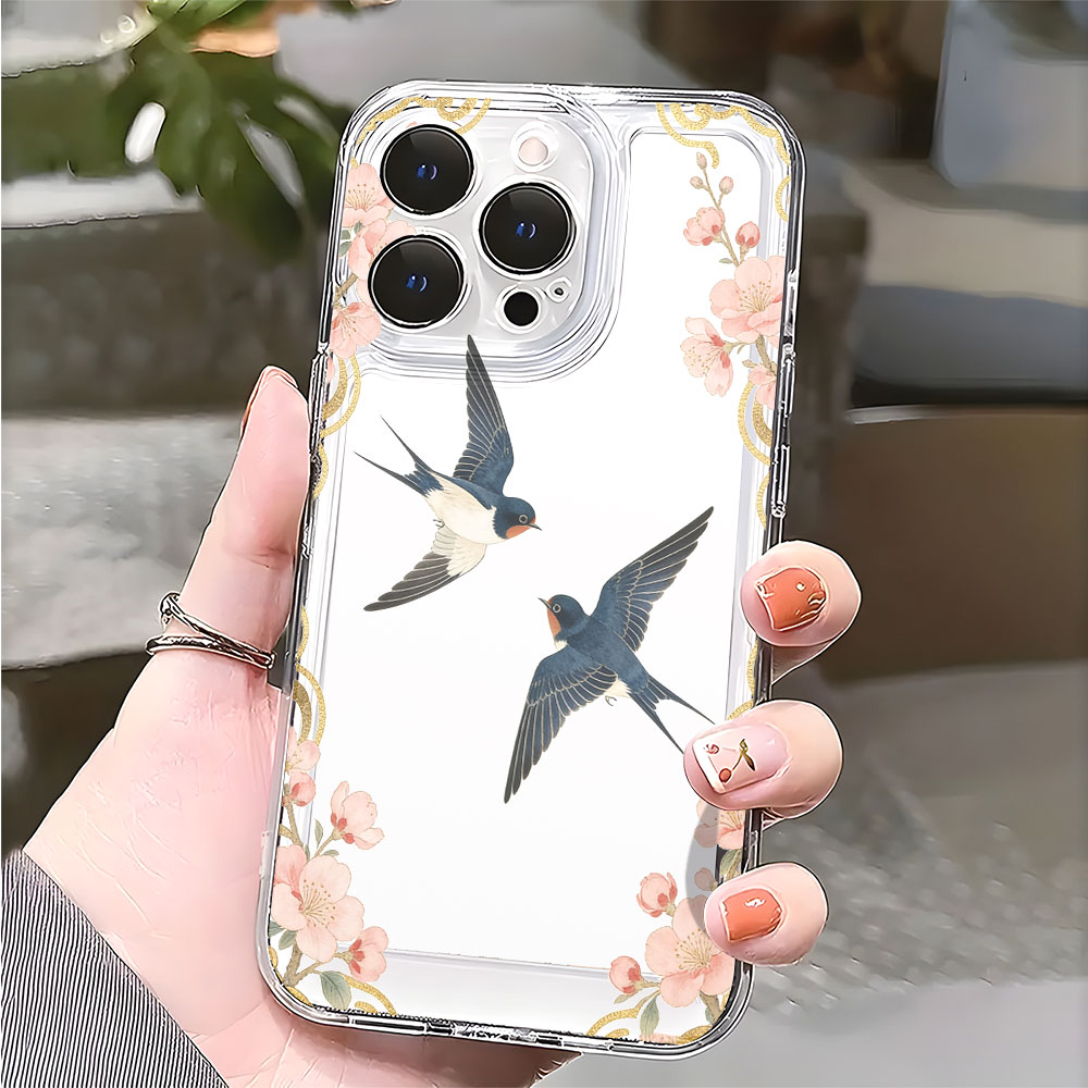 Zwaluwen en perzikbloesems transparante telefoonhoesje voor iPhone 14 15 16 13 12 11 17 Pro Max 12 13 Mini zachte hoes