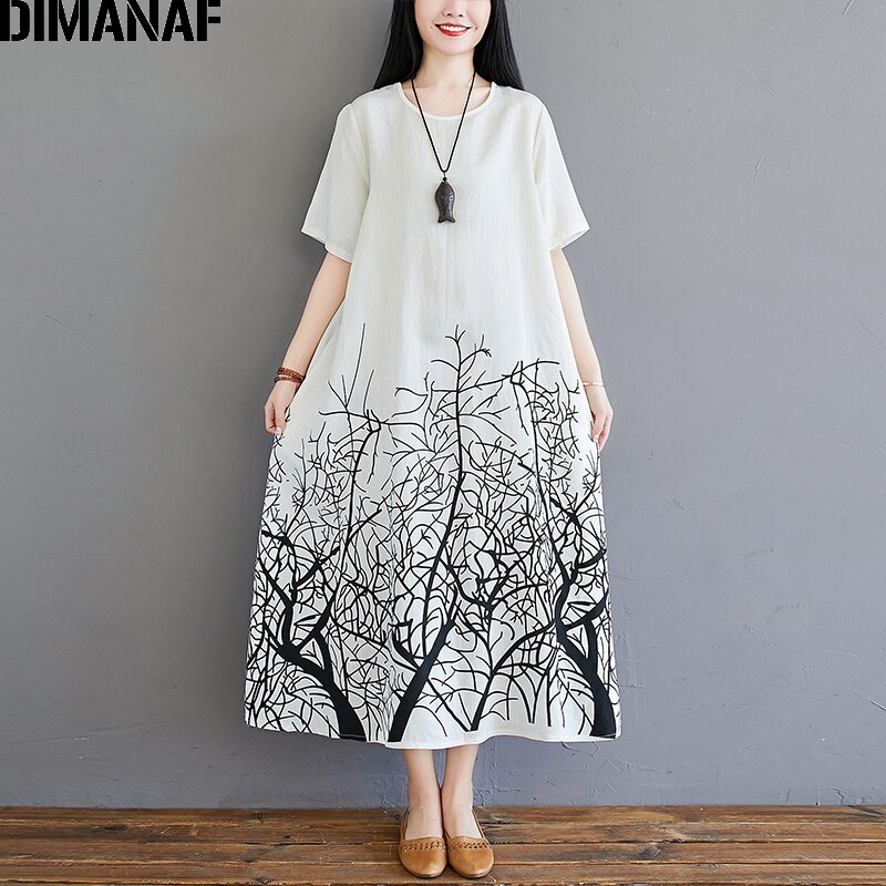 Dimanaf plus size vestido feminino elegante do vintage impressão senhora vestido estilo chinês algodão roupas femininas verão vestido maxi: Ya146-bai / XL