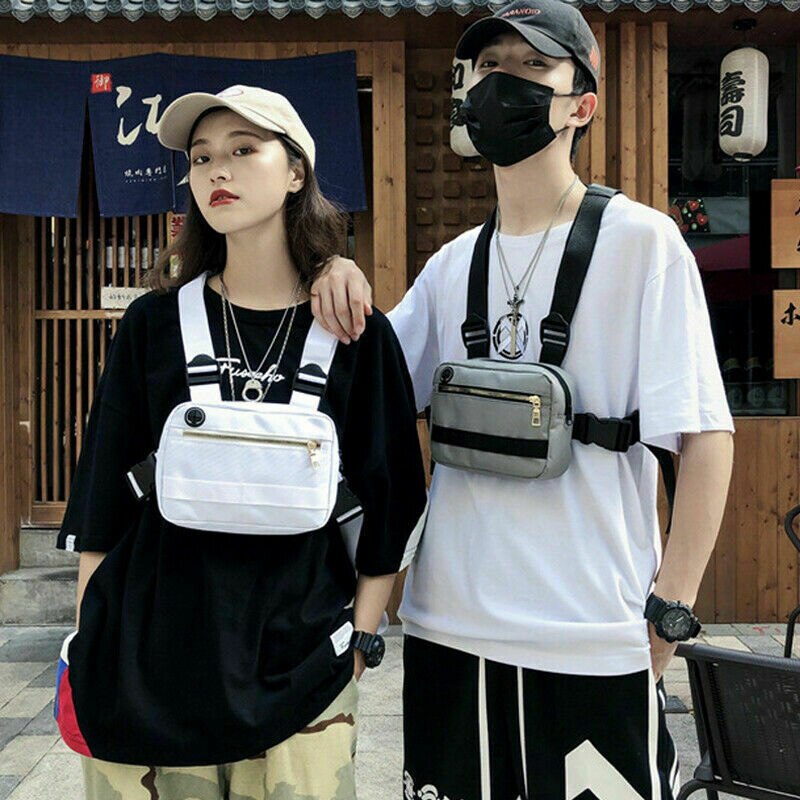 Unissex moda feminina tático arnês peito rig saco hiphop streetwear náilon frente fanny pacote ajustável