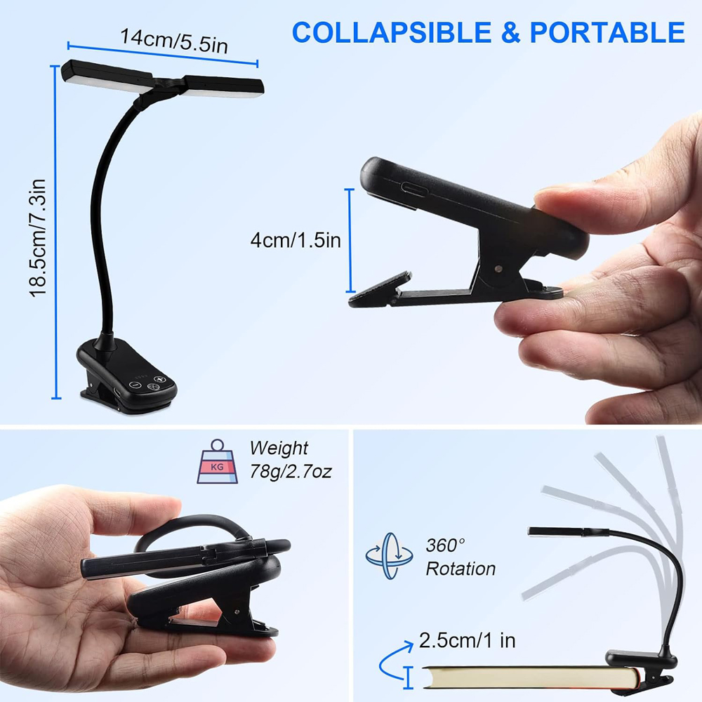 14 LED-Clip-an-Buchleuchte, 3 Farben, 8 Helligkeiten, wiederaufladbares USB-Nachtlicht, tragbare Leseleuchte, Buchlampe