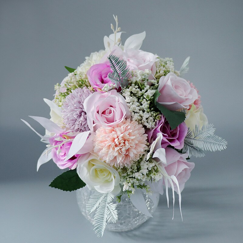 Bruid Bedrijf Boeket Water Ronde Stijl Kunstbloemen Zacht Roze Paars Bruiloft Huwelijk Bloemstuk