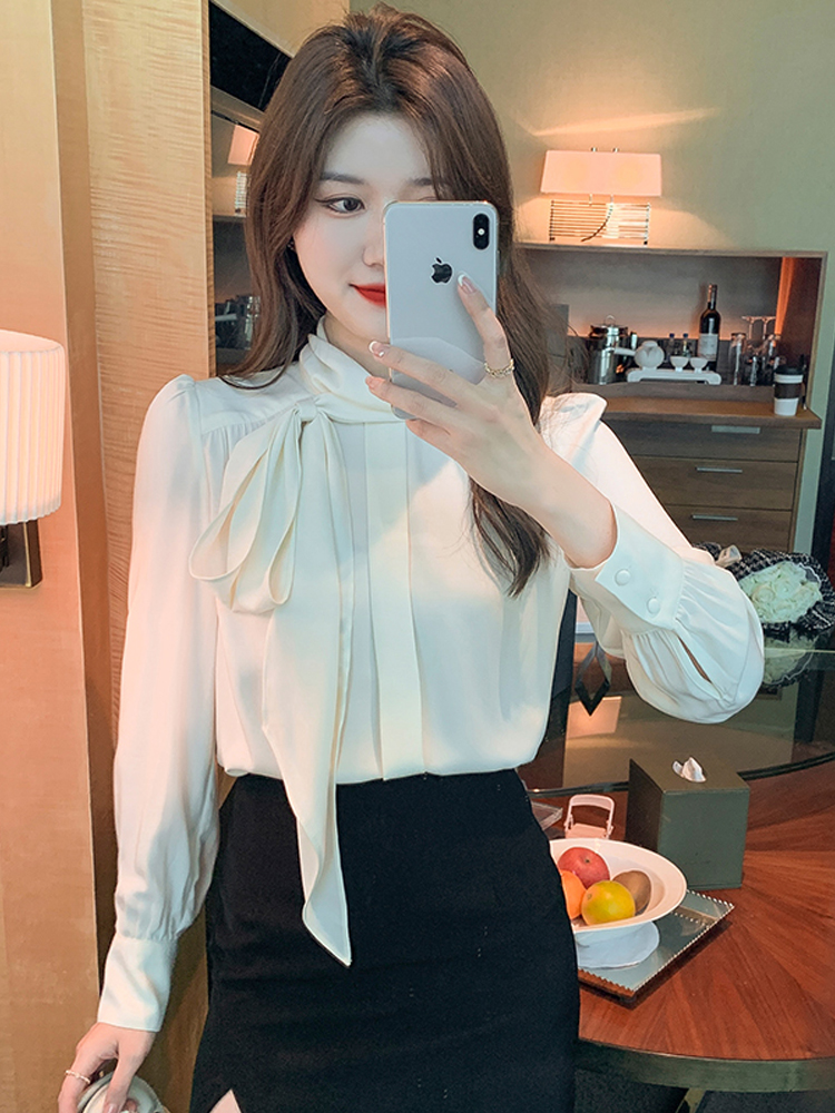 Zijden Sjaal Chiffon Shirt Vrouwen Solid White Ontworpen Office Dames Losse Blouse Vrouw Tops Blusas Mujer Lente 2022