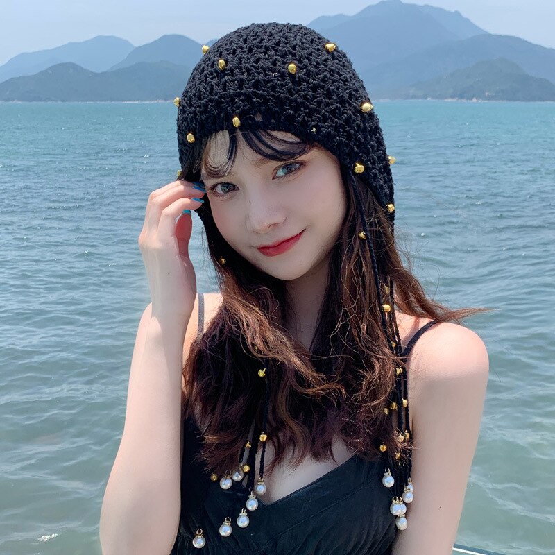 Gorro de punto de para mujer, gorro de ganchillo con perlas, Vintage, con borlas, para todas las estaciones, ZZ-386