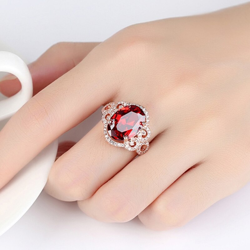 Valentine's Day Womens Rose gold color Big Red CZ Wedding Ring Shiny AAA CZ hollow out Zircon Ring Girls Party Jewelry Anel
