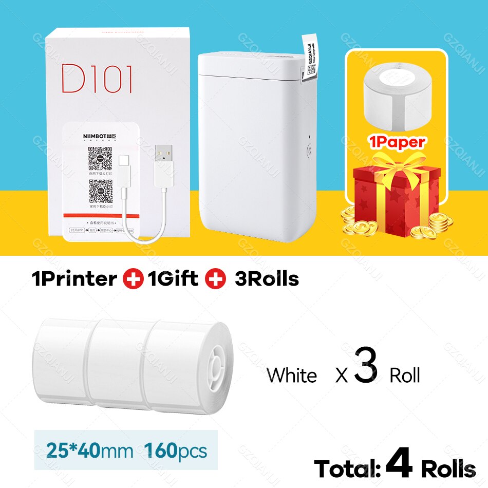 Niimbot Label Printer D101 Mini Wireless Protable Mobile Printer with 1 Roll Label Paper Price Tag Printing: D101 add 4Roll A