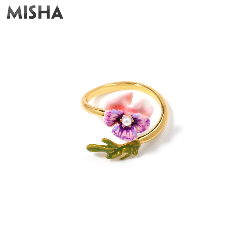 MISHA Enamel Glaze Rings For Women Pansy Flowers Open Rings Ajustable Jewelry Trendy Friend