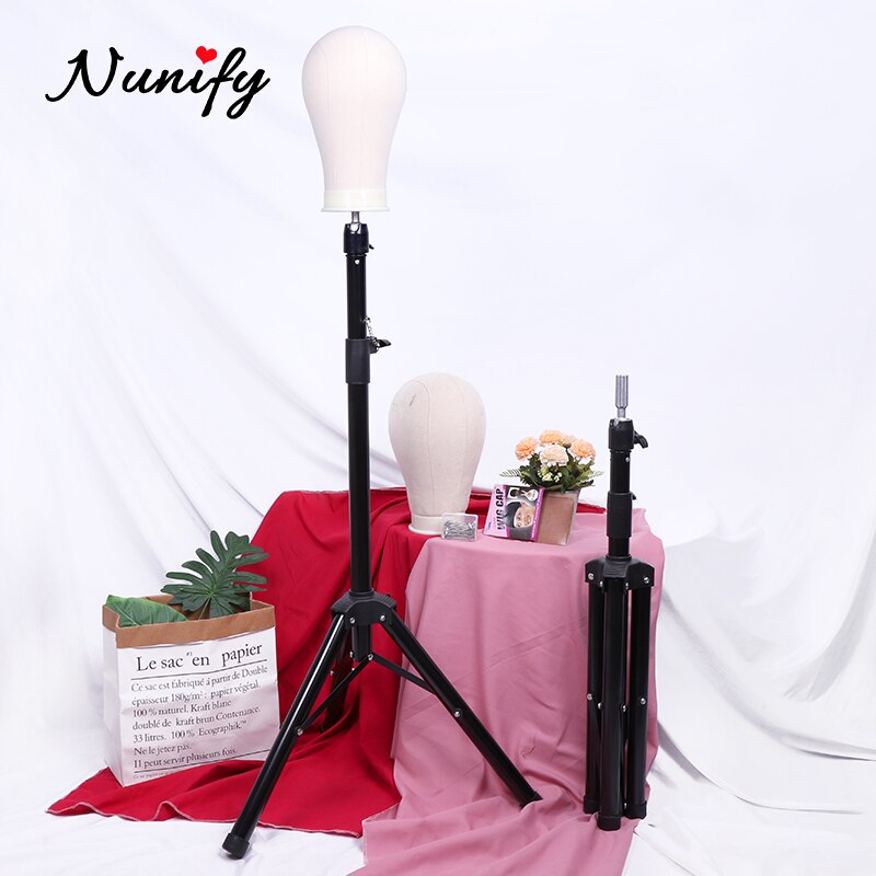 Nunify 21-25Inch Wig Tripod Stand And Canvas Head Wig Manikin Canvas Block Head Stand Aluminium Alloy Round And Mannequin Head