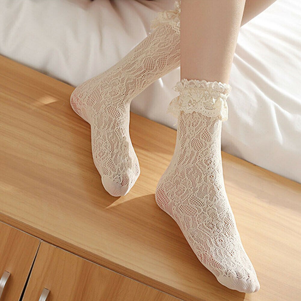 Autumn Sweet Retro Woman Girl Lolita Ruffle Casual Lace Princess Socks Meias Socks: Beige