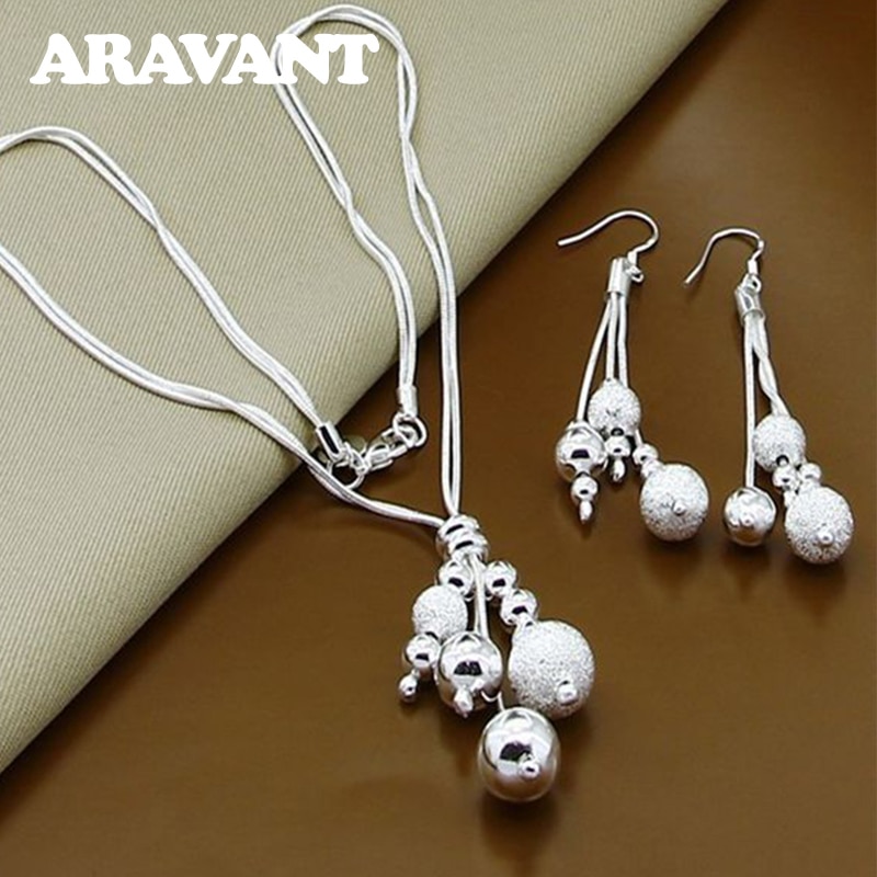 925 Zilveren Sieraden Set Bead Ketting Earring Voor Vrouwen Mode-sieraden