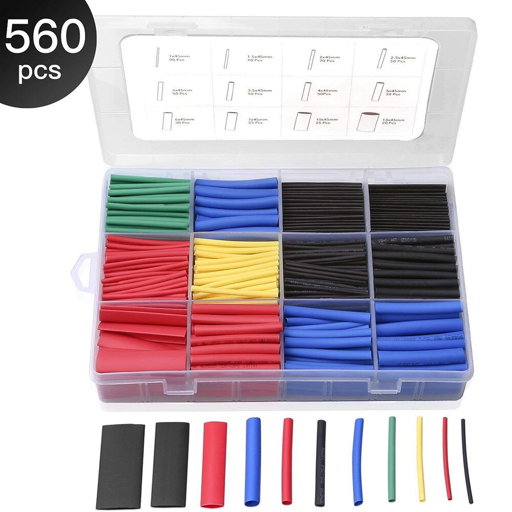 560 stk elektrisk ledning kabel wrap sortiment elektrisk isolering krympeslange sæt med boks (5 farver /12 størrelser)