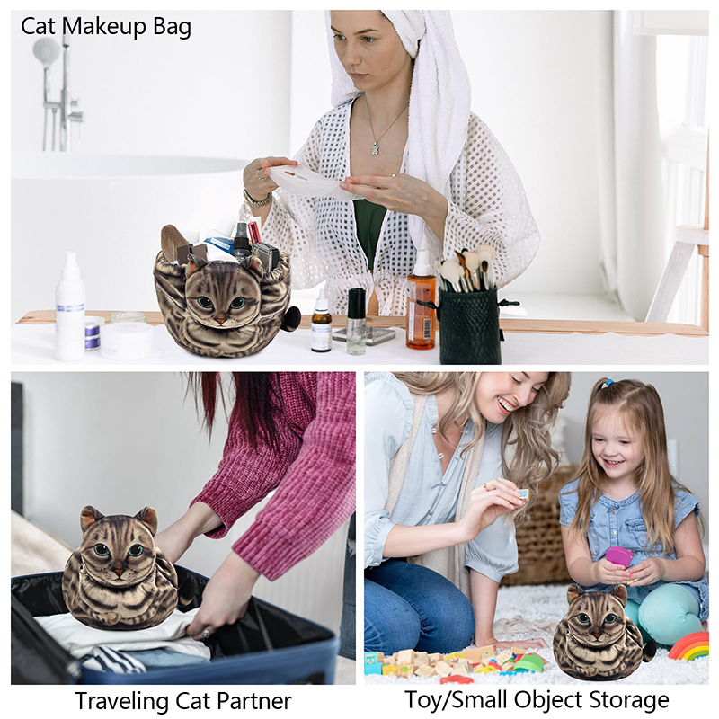 Leuke kat make-up tas trekkoord sluiting 3D kat hoofd platte cosmetische tas cadeau voor vrouwen kattenliefhebbers reisorganisator tas
