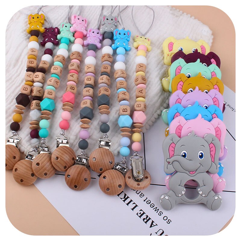 Cute Elephant Baby Infant Chewing Silicone Pacifier Soother Dummy Clips Chain Set Newborn Baby