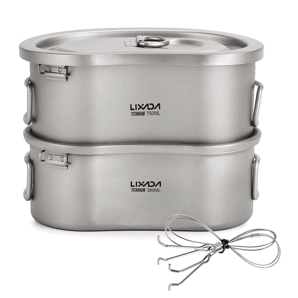 Lixada Outdoor Camping Titanium Canteen Set 380ml 750ml Hanging Pot Outdoor Cutlery Camping Canteen Home Picnic Backpacking