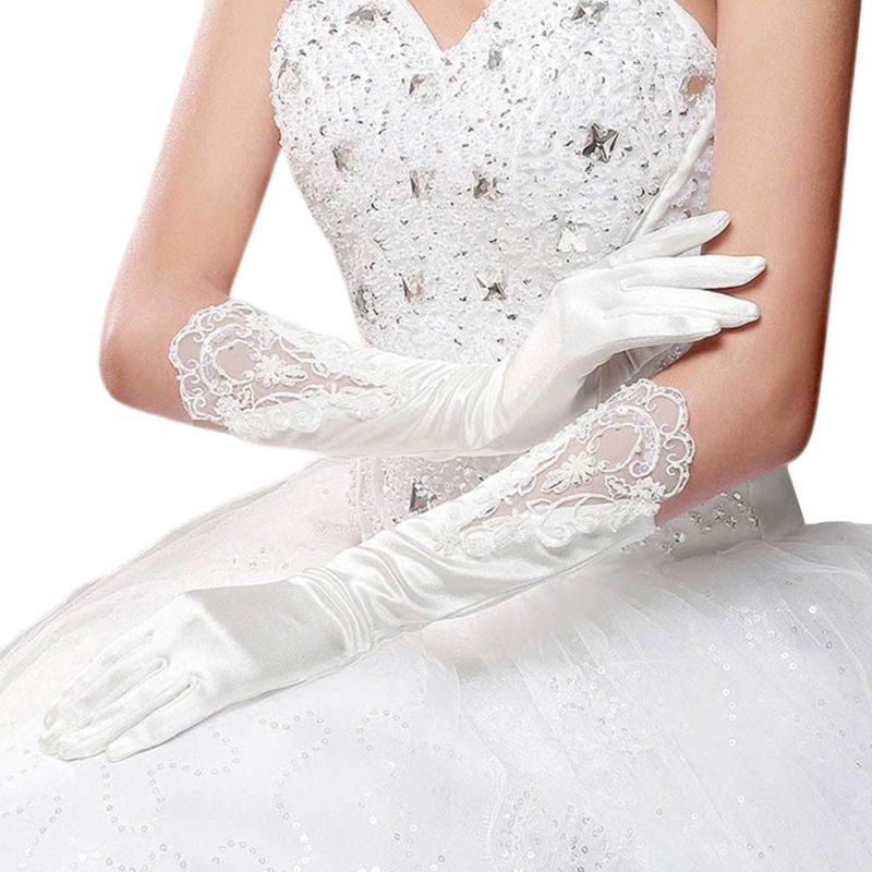 Guantes Blancos largos de dedo completo para novia, accesorios de para vestido de novia, guante de encaje, accesorios de Cosplay para: Default Title