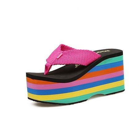 Superhög klack dam flip flops sandaler tofflor tjock botten plattform sluttning strand kvinnlig regnbåge slides skor: Reste sig / 5