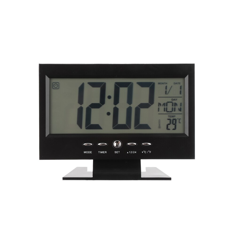 1PC Digitale Wekker LCD Display Kalender Voice Control Snooze Modus Thermometer Temperatuur Timer Desktop Ornament: Black