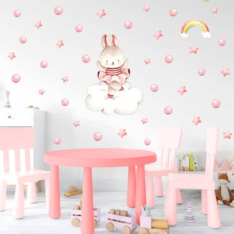 Cute Cartoon Rabbit Wall Stickers wallpaper Ballet Bunny Stickers for Kids Baby Room Wall Decor Cartoon Wall Sticker Home Decora