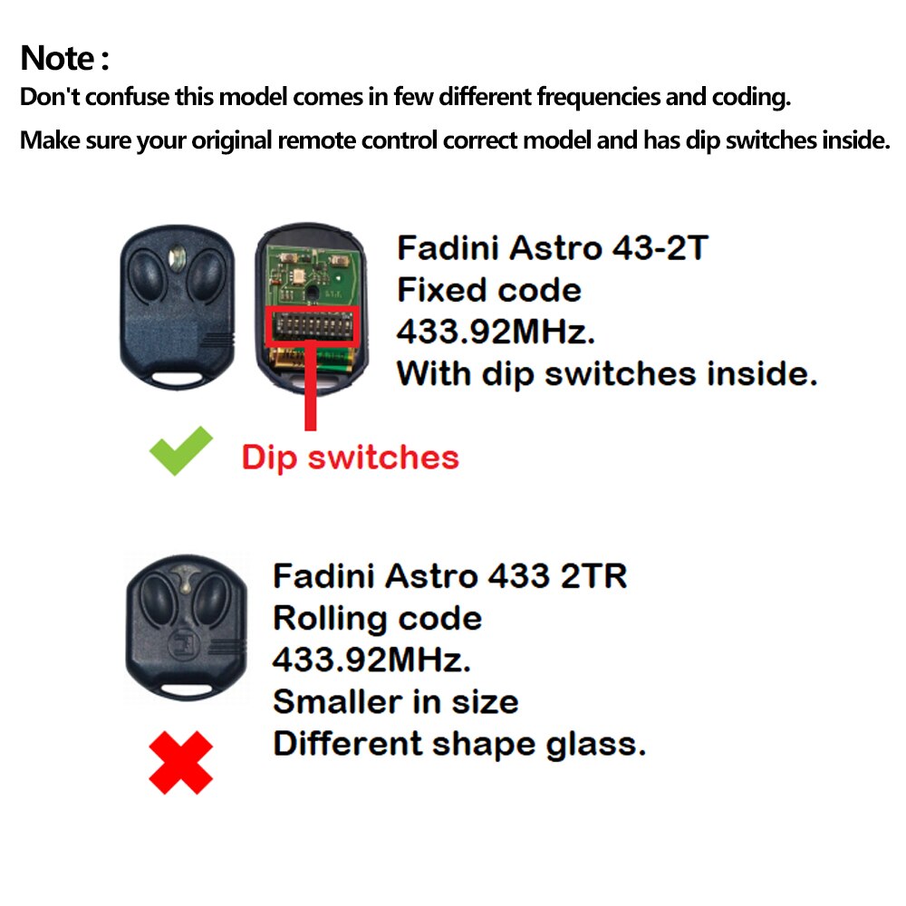 FADINI Astro 43/2 43/4 43-2T Garage Gate Door Remote Control Duplicator 433.92MHz Transmitter Fixed Code