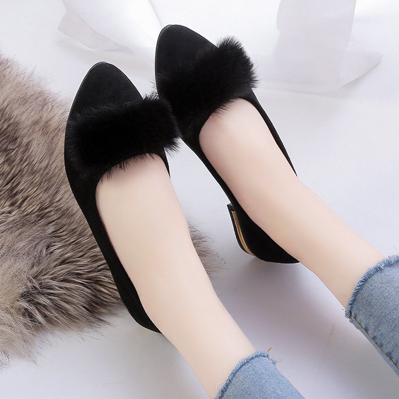 Chaussures coréennes mocassins fourrure automne femmes talons bout pointu décontracté femme baskets bouche peu profonde tout-Match chaussures plates automne