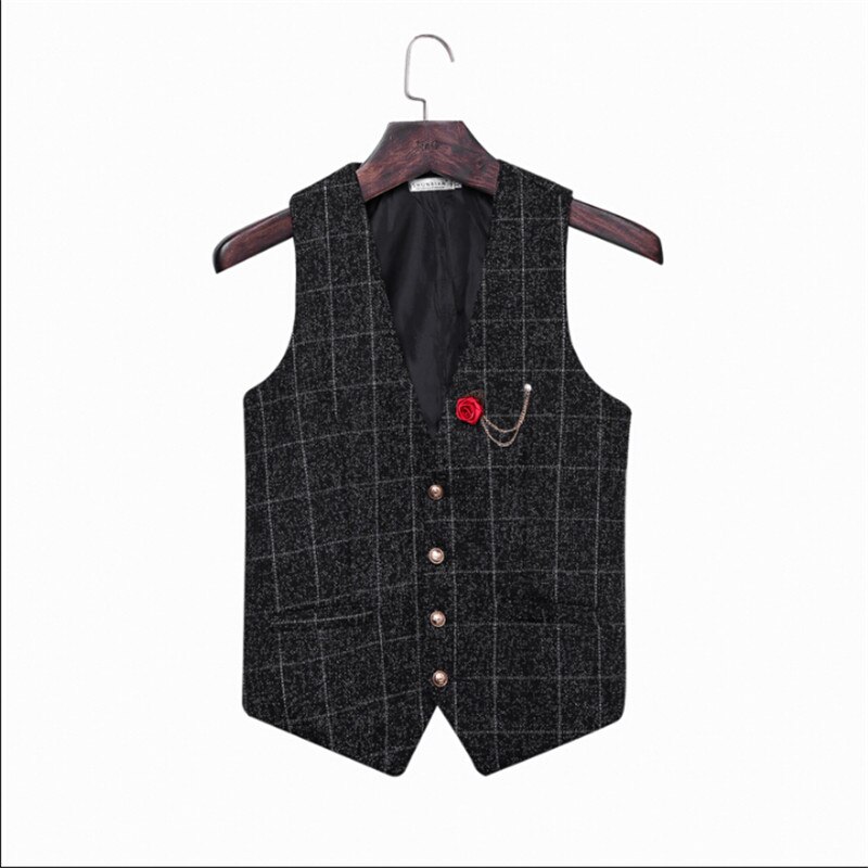 Men Autumn Spring Suit Vest Slim Fit Barber Vest Plaid Male Single Breasted Sleeveless Business Jacket A2843