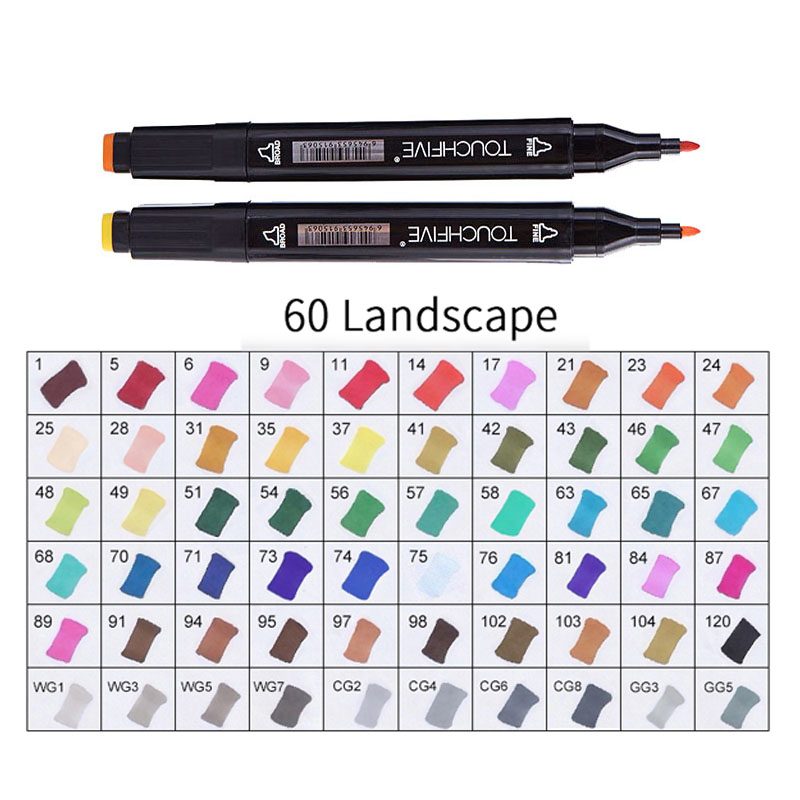 TOUCHFIVE 60 Colors Pen Marker Set Dual Head Sketch Markers Cheap Alcohol Marker Pen For Draw Manga Animation Art Supplie: 60-landscape-black