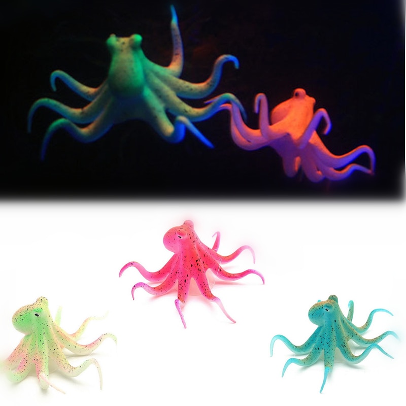 Fluorescent Artificial Aquarium Octopus Silicone Fish Decoration Glowing Fish Tank Octopus Ornament with Suction Cup