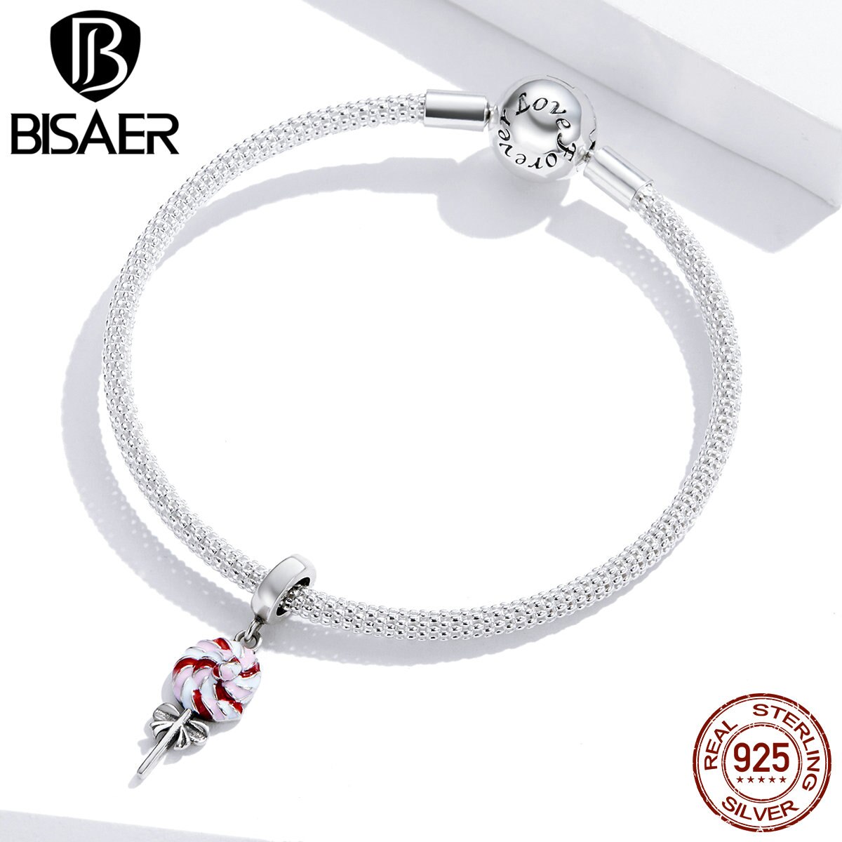 Bisaer lolly bedels 925 sterling zilveren roze emaille snoep kralen hanger voor originele armbanden kettingen sieraden ecc 1491